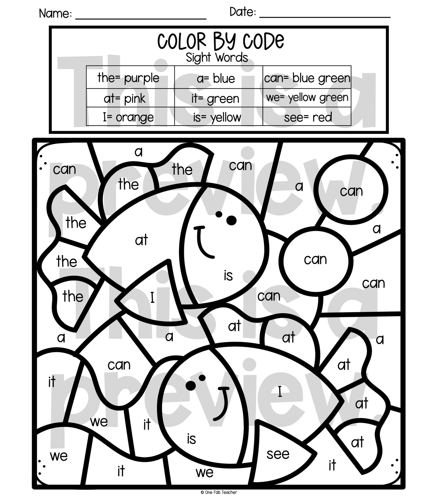 Color By Code – Sight Words Worksheet