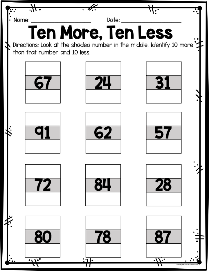 Ten More, Ten Less | Elementary Math Worksheets