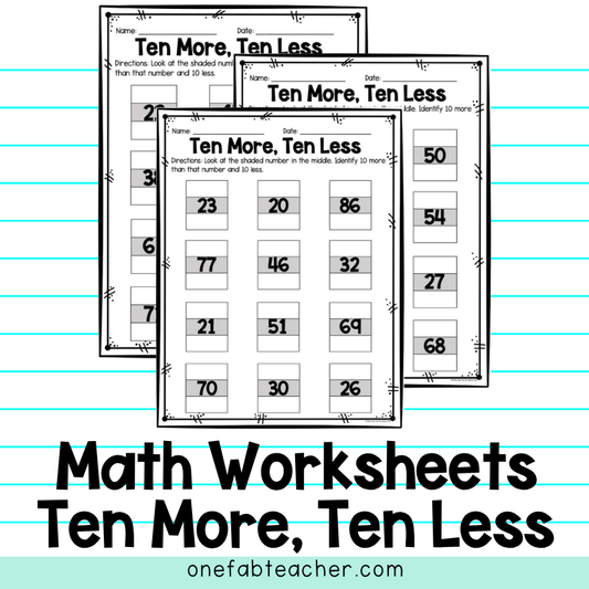 Ten More, Ten Less | Elementary Math Worksheets