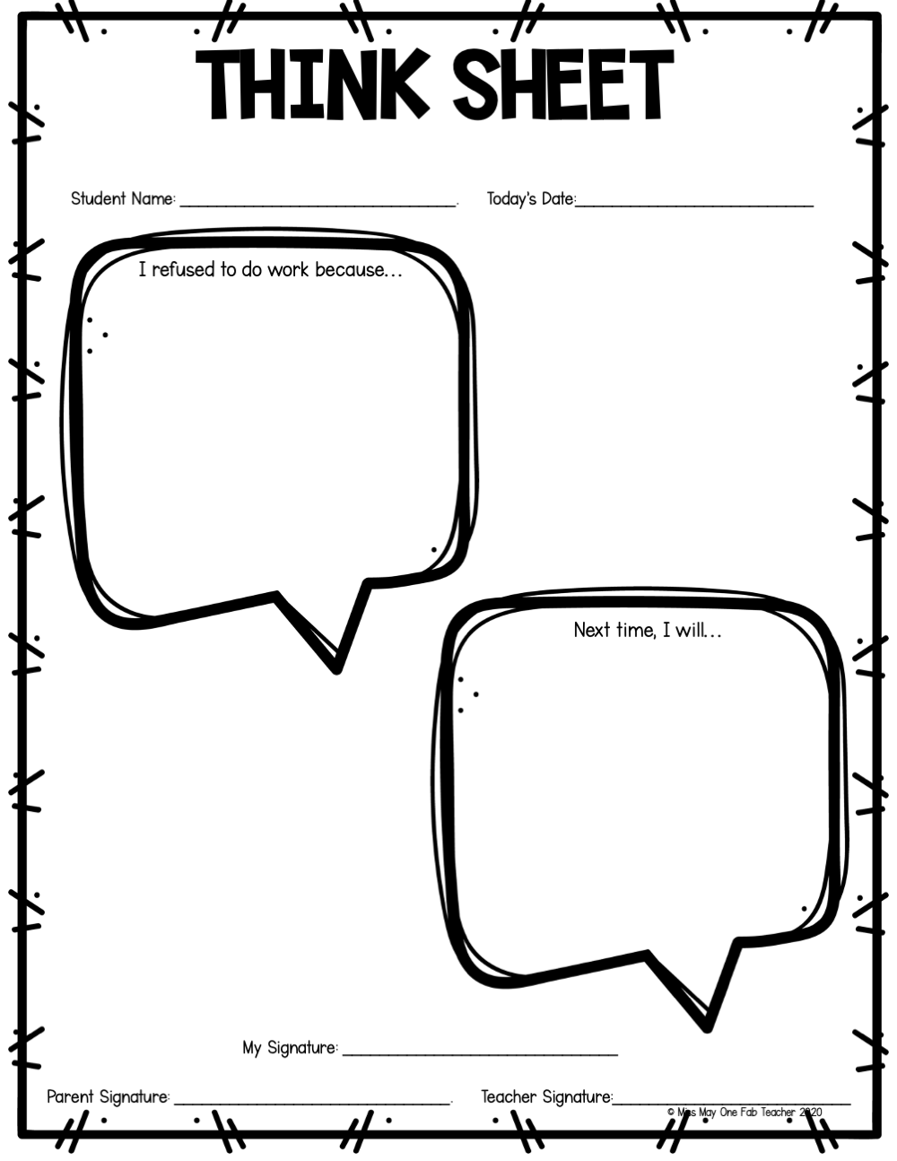 Behavior Think Sheets for Elementary Students