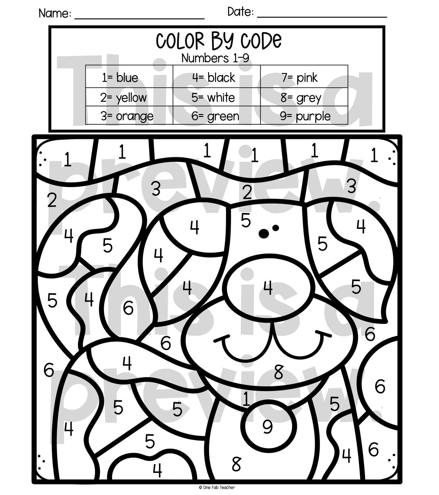 Color By Code Math Worksheet - Numbers 1 to 9