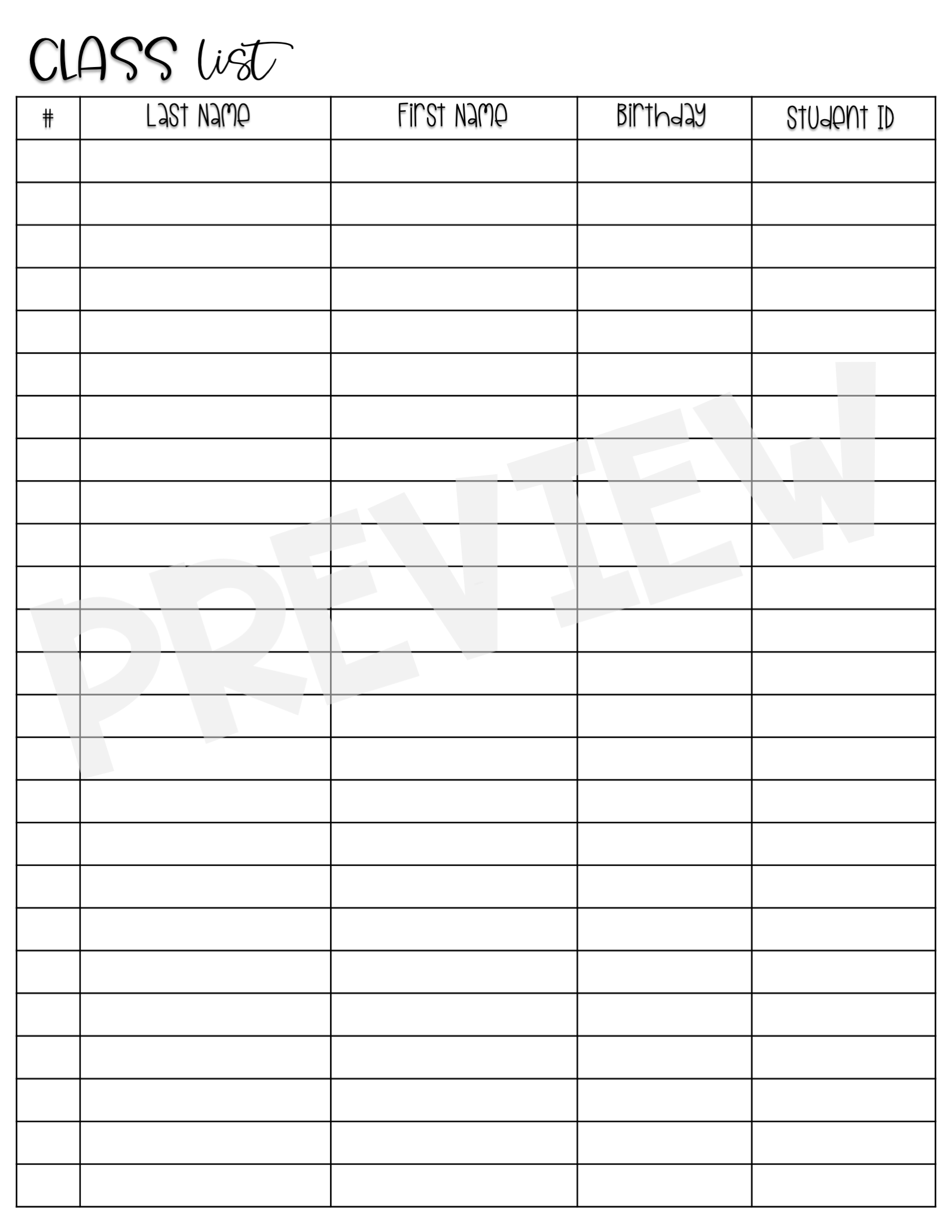 Class List Editable Document 